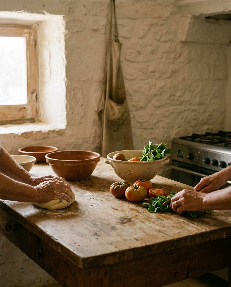 Una cucina di masseria nel Salento: si prepara da mangiare con erbe e verdure dell’orto
