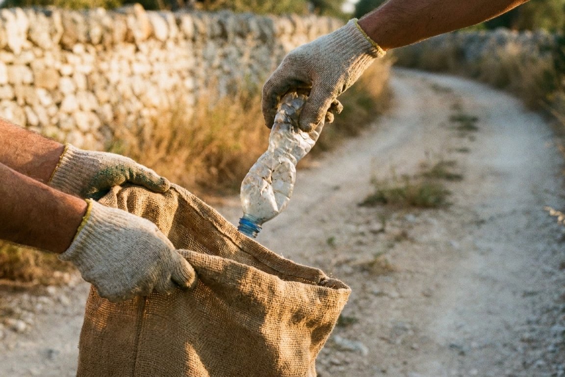 Mani con i guanti raccolgono una bottiglia di plastica in un sacco di iuta lungo una strada di campagna