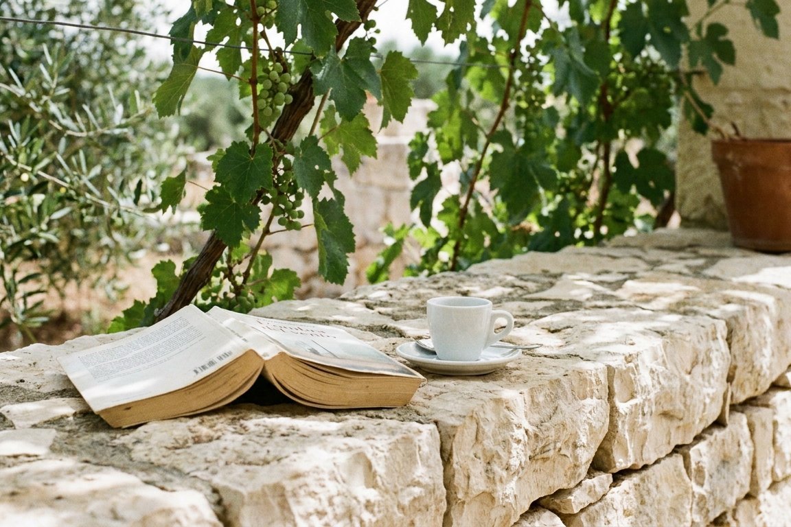Un libro aperto e una tazza di caffè su un muretto a secco sotto una pergola, accanto agli ulivi