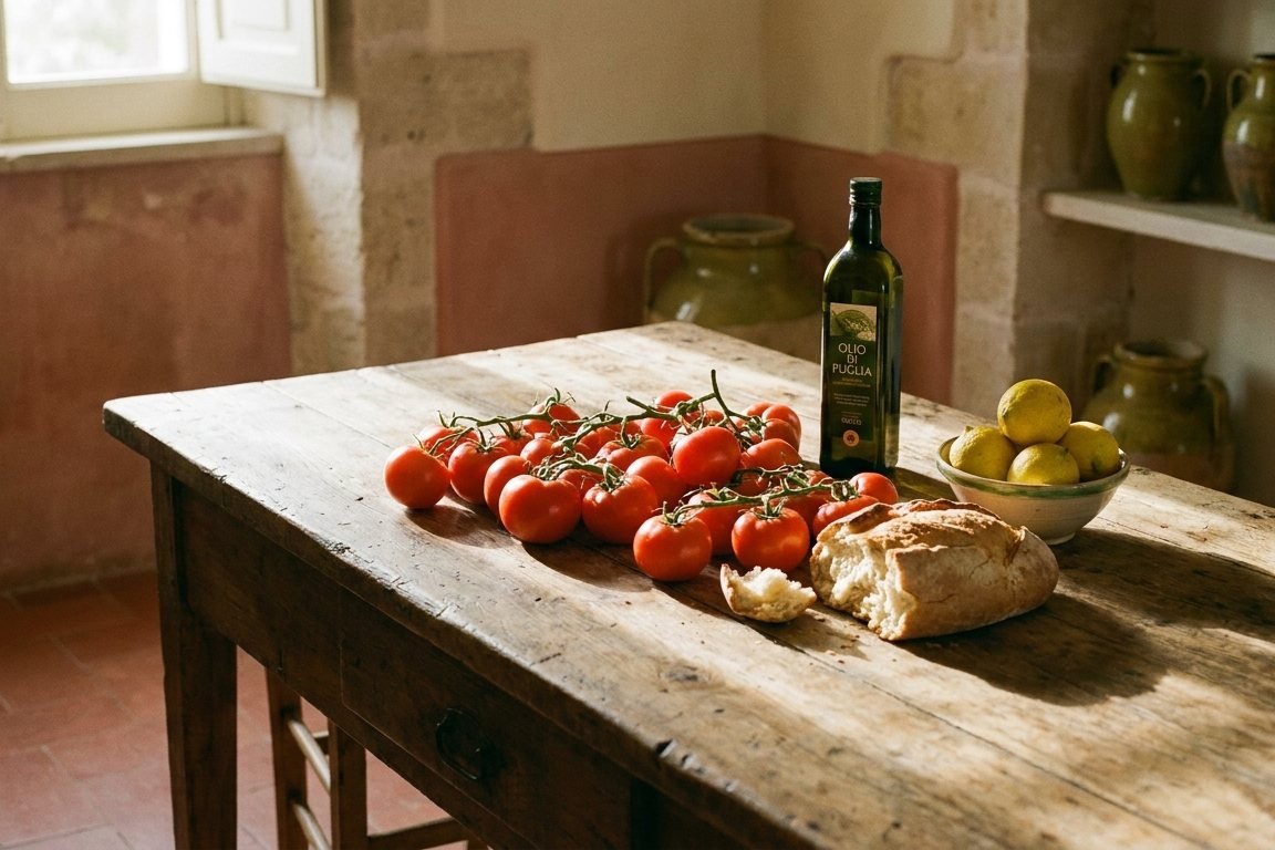 Pomodori, pane e olio d’oliva su un tavolo rustico in una masseria pugliese