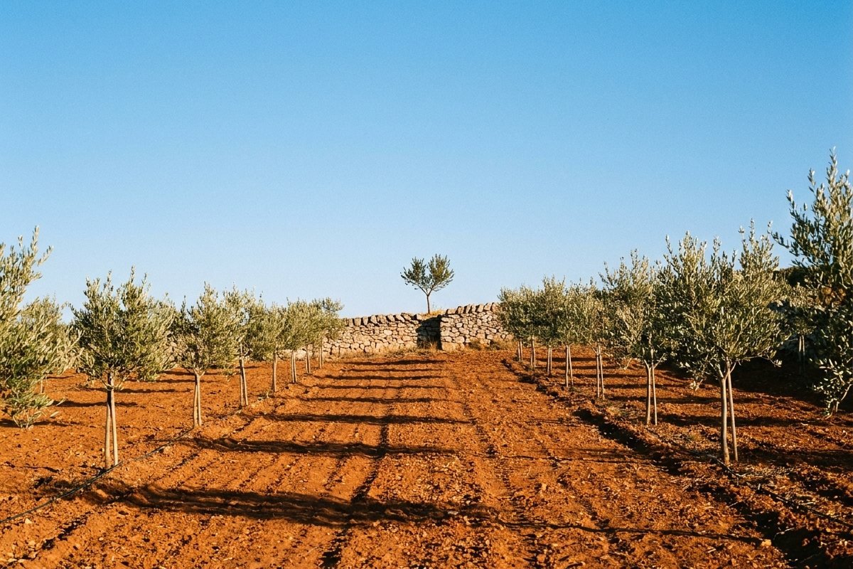 Filari di giovani ulivi appena piantati nella terra rossa di Puglia