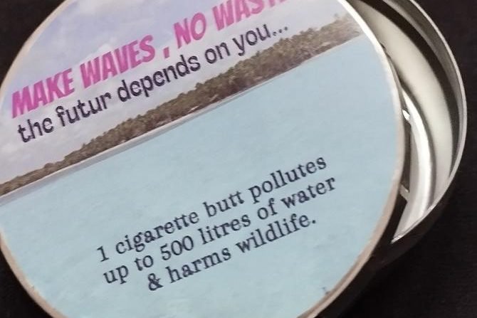 An Alia Vita pocket ashtray printed with the slogan Make waves, no waste